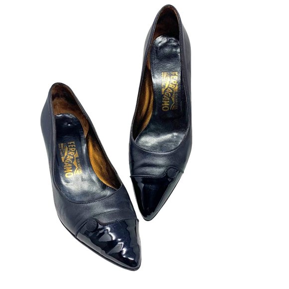 Salvatore Ferragamo Black Leather‎ Patent Leather Cap Toe Pumps - Picture 14 of 14